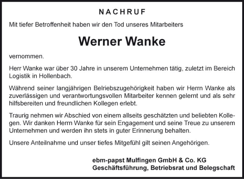  Traueranzeige für Werner Wanke vom 08.02.2019 aus Fränkische Nachrichten