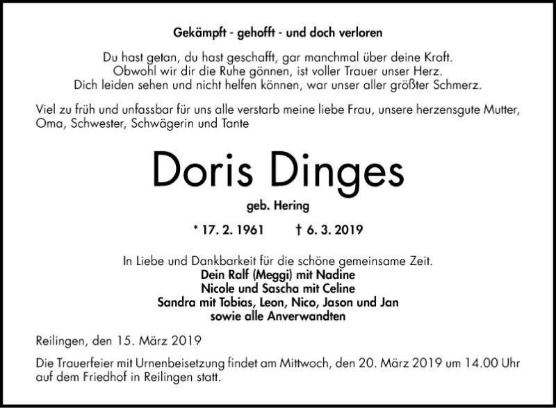  Traueranzeige für Doris Dinges vom 15.03.2019 aus Schwetzinger Zeitung
