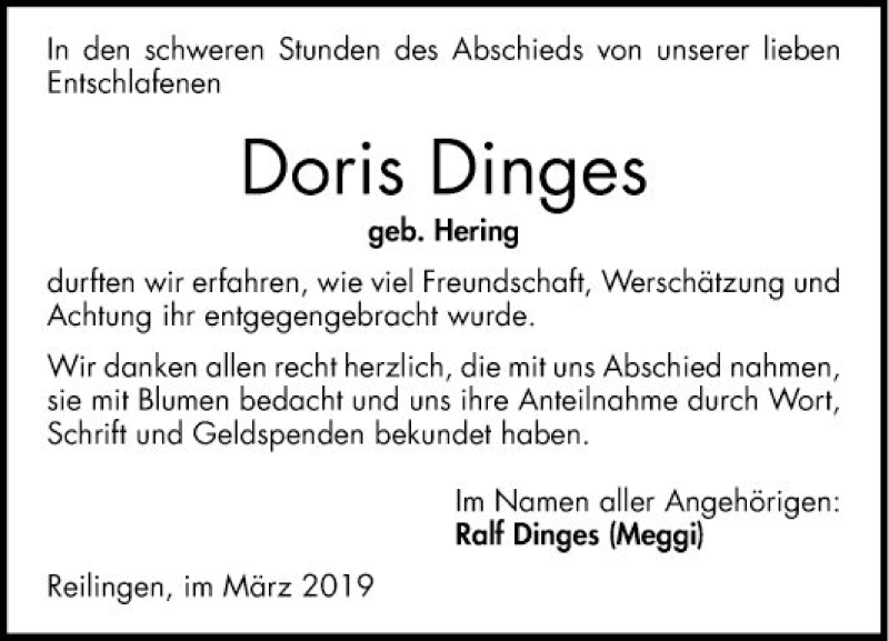  Traueranzeige für Doris Dinges vom 27.03.2019 aus Schwetzinger Zeitung