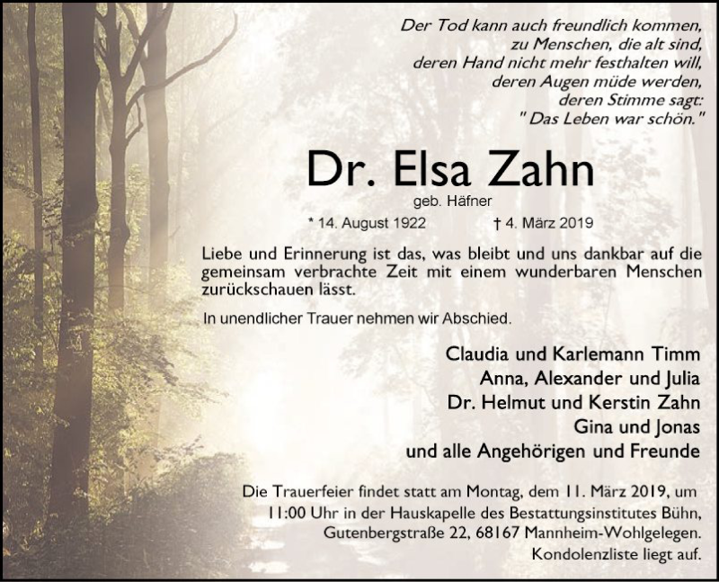  Traueranzeige für Elsa Zahn vom 06.03.2019 aus Mannheimer Morgen