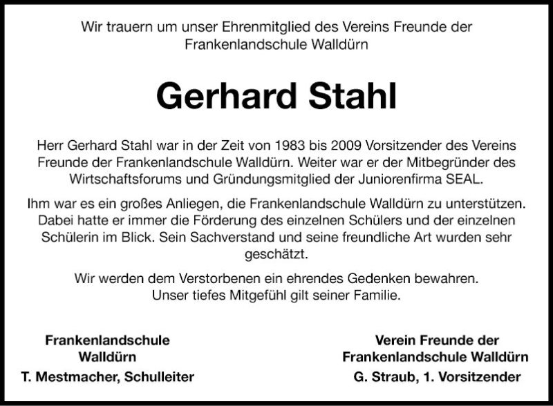  Traueranzeige für Gerhard Stahl vom 20.03.2019 aus Fränkische Nachrichten