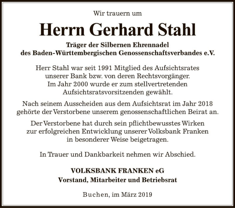  Traueranzeige für Gerhard Stahl vom 19.03.2019 aus Fränkische Nachrichten