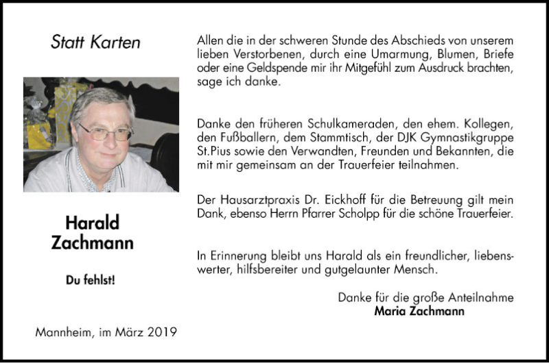  Traueranzeige für Harald Zachmann vom 30.03.2019 aus Mannheimer Morgen