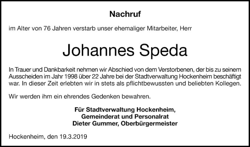  Traueranzeige für Johannes Speda vom 19.03.2019 aus Schwetzinger Zeitung