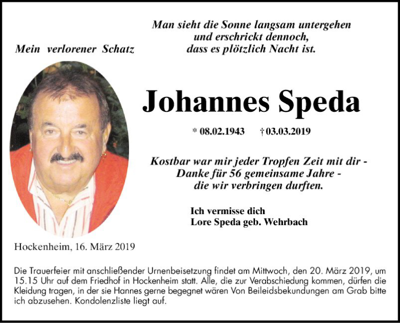  Traueranzeige für Johannes Speda vom 16.03.2019 aus Schwetzinger Zeitung