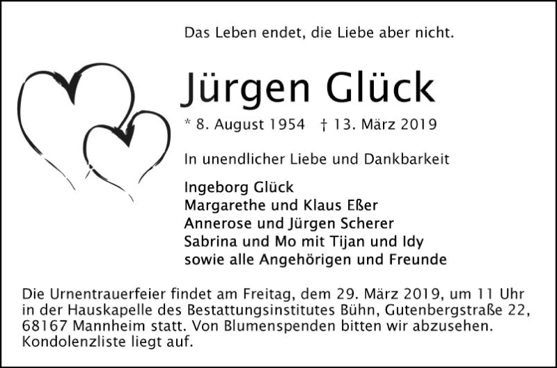  Traueranzeige für Jürgen Glück vom 23.03.2019 aus Mannheimer Morgen