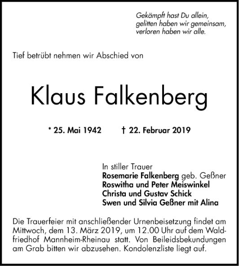  Traueranzeige für Klaus Falkenberg vom 02.03.2019 aus Mannheimer Morgen