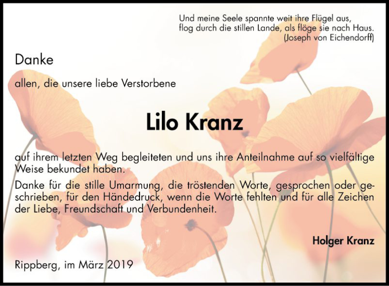  Traueranzeige für Lilo Kranz vom 05.03.2019 aus Fränkische Nachrichten