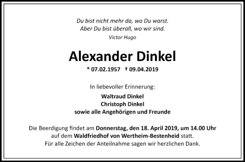  Traueranzeige für Alexander Dinkel vom 13.04.2019 aus Fränkische Nachrichten