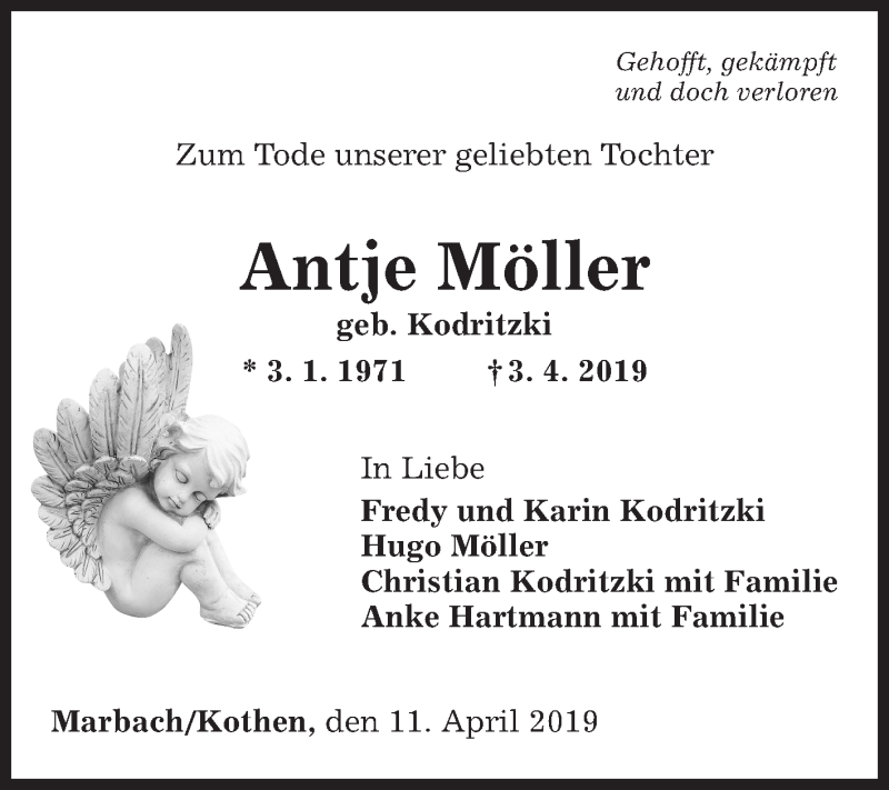  Traueranzeige für Antje Möller vom 11.04.2019 aus Fränkische Nachrichten