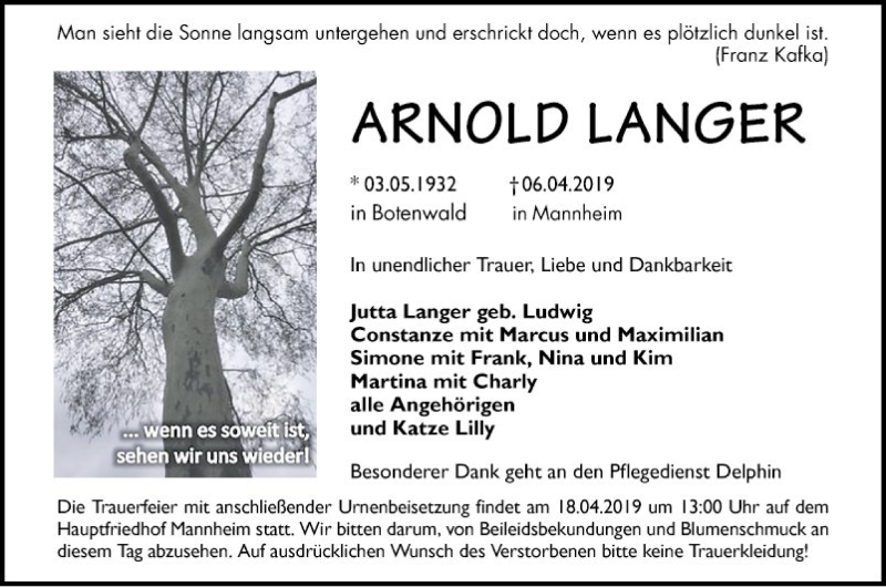  Traueranzeige für Arnold Langer vom 13.04.2019 aus Mannheimer Morgen