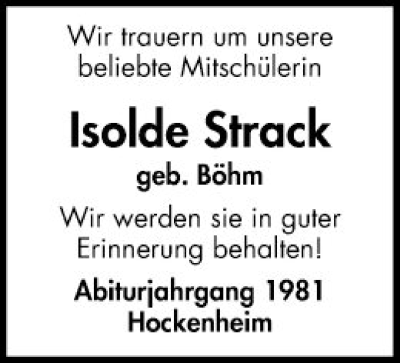  Traueranzeige für Isolde Strack vom 02.04.2019 aus Schwetzinger Zeitung