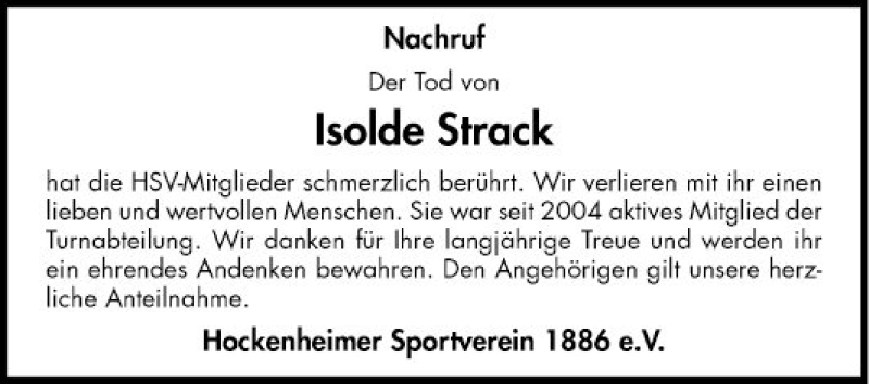  Traueranzeige für Isolde Strack vom 04.04.2019 aus Schwetzinger Zeitung