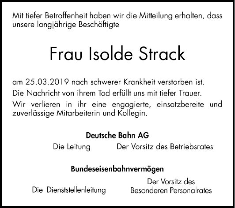  Traueranzeige für Isolde Strack vom 04.04.2019 aus Mannheimer Morgen