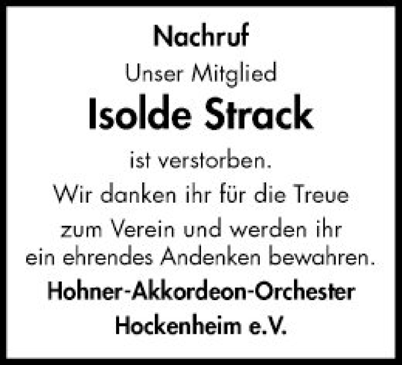  Traueranzeige für Isolde Strack vom 04.04.2019 aus Schwetzinger Zeitung