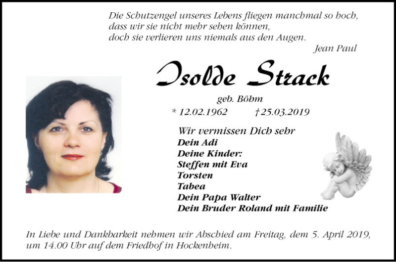  Traueranzeige für Isolde Strack vom 02.04.2019 aus Schwetzinger Zeitung