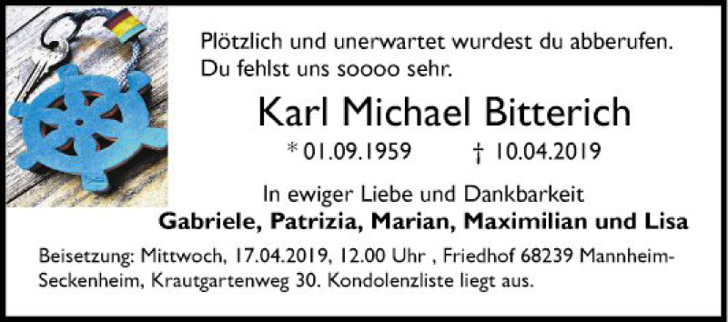  Traueranzeige für Karl Michael Bitterich vom 13.04.2019 aus Mannheimer Morgen