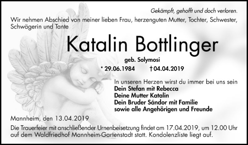  Traueranzeige für Katalin Bottlinger vom 13.04.2019 aus Mannheimer Morgen