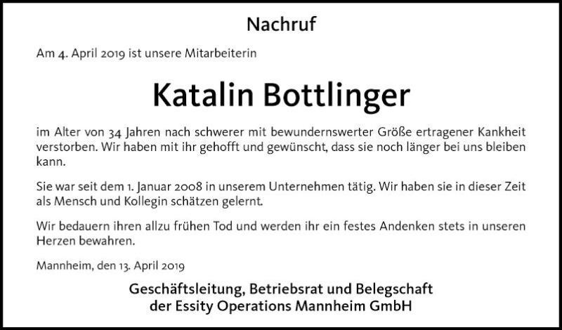  Traueranzeige für Katalin Bottlinger vom 13.04.2019 aus Mannheimer Morgen