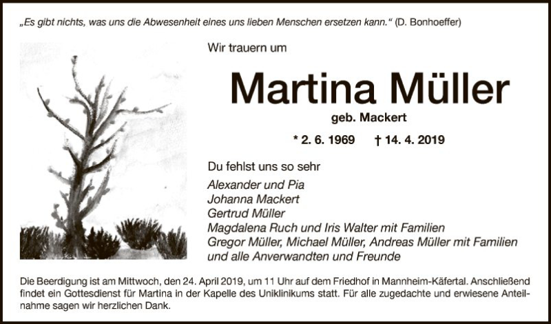  Traueranzeige für Martina Müller vom 18.04.2019 aus Fränkische Nachrichten
