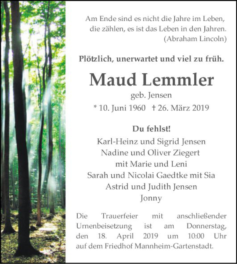 Traueranzeige für Maud Lemmler vom 06.04.2019 aus Mannheimer Morgen