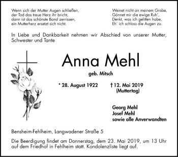 Traueranzeige von Anna Mehl von Bergsträßer Anzeiger