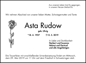 Traueranzeige von Asta Rudow von Schwetzinger Zeitung