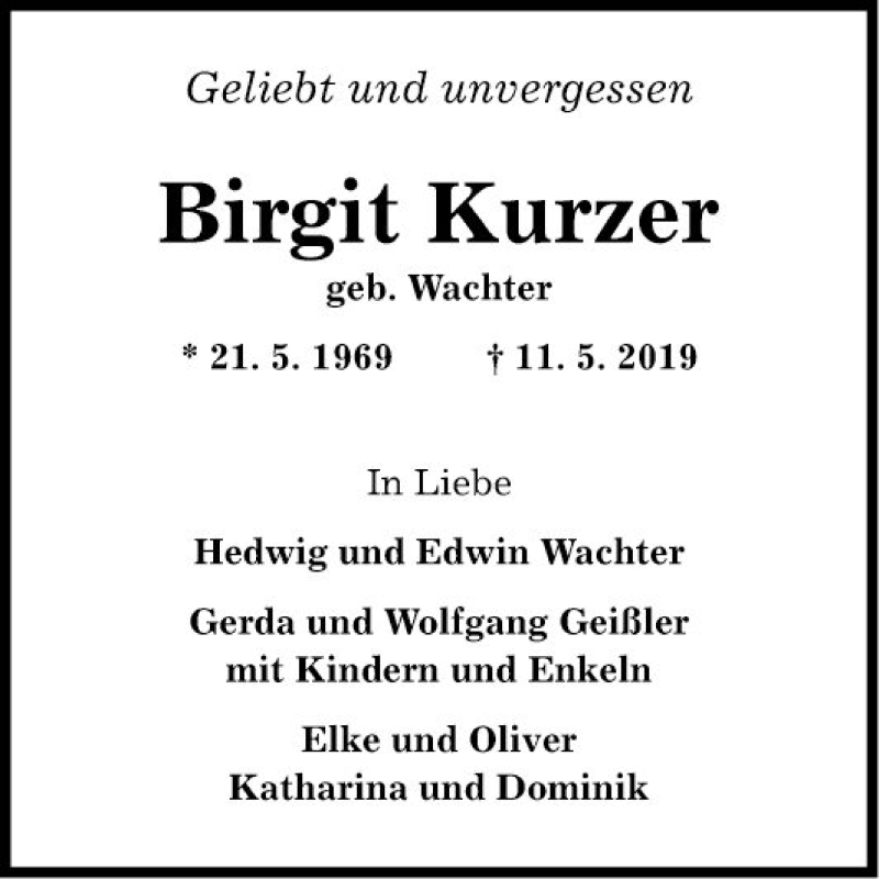  Traueranzeige für Birgit Kurzer vom 15.05.2019 aus Fränkische Nachrichten