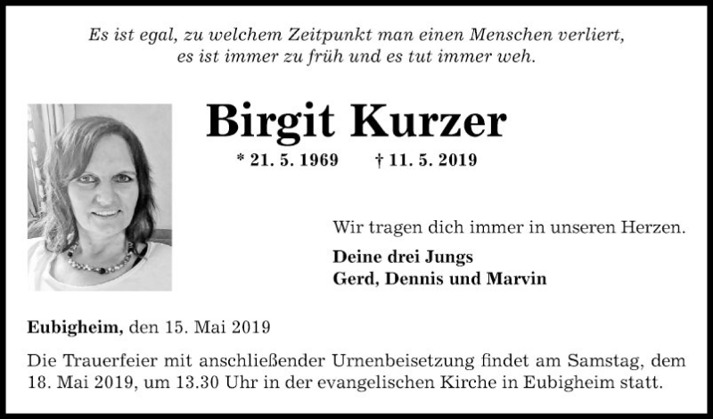  Traueranzeige für Birgit Kurzer vom 15.05.2019 aus Fränkische Nachrichten
