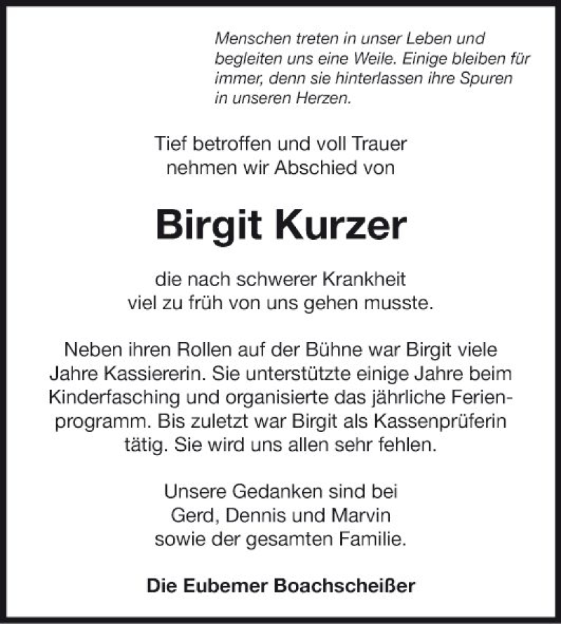  Traueranzeige für Birgit Kurzer vom 16.05.2019 aus Fränkische Nachrichten