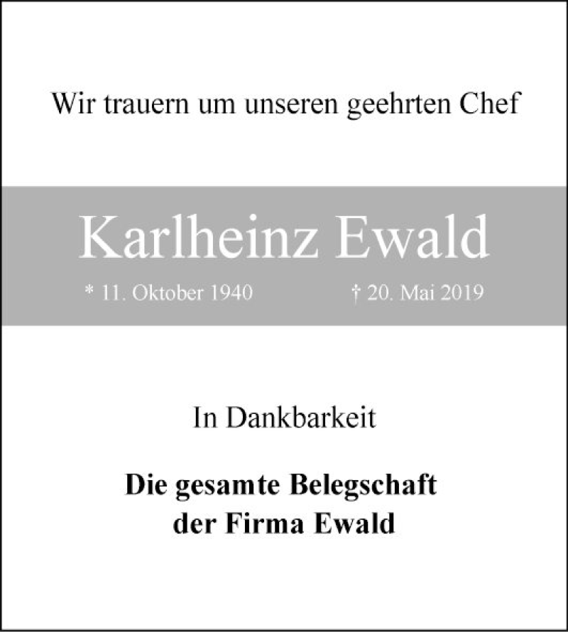  Traueranzeige für Karlheinz Ewald vom 25.05.2019 aus Mannheimer Morgen