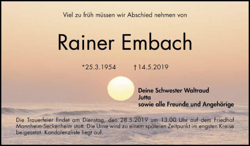  Traueranzeige für Rainer Embach vom 18.05.2019 aus Mannheimer Morgen