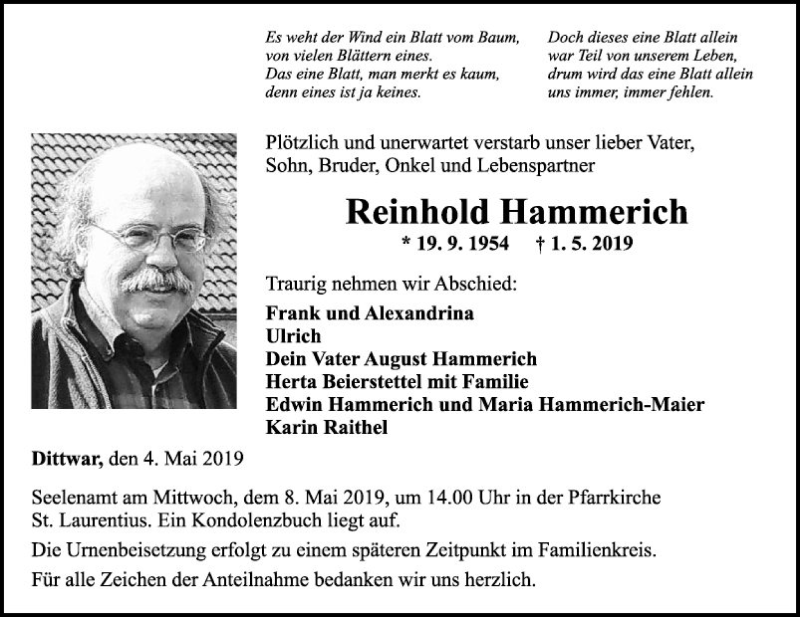  Traueranzeige für Reinhold Hammerich vom 04.05.2019 aus Fränkische Nachrichten