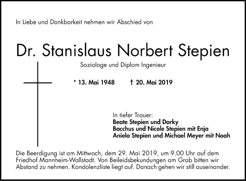  Traueranzeige für Stanislaus Norbert Stepien vom 25.05.2019 aus Mannheimer Morgen