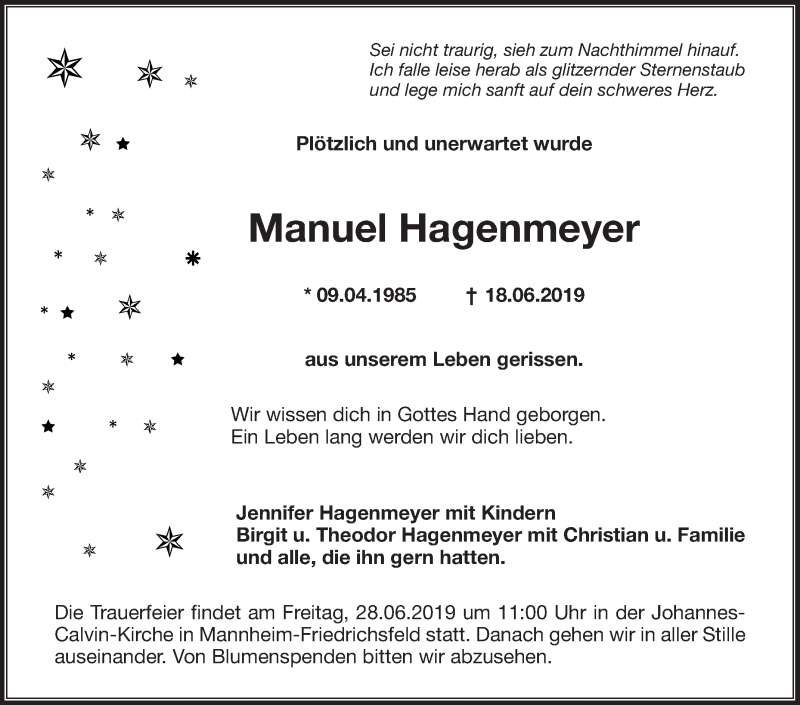  Traueranzeige für Manuel Hagenmeyer vom 26.06.2019 aus Mannheimer Morgen