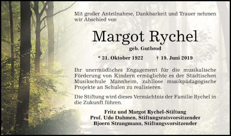  Traueranzeige für Margot Rychel vom 28.06.2019 aus Mannheimer Morgen