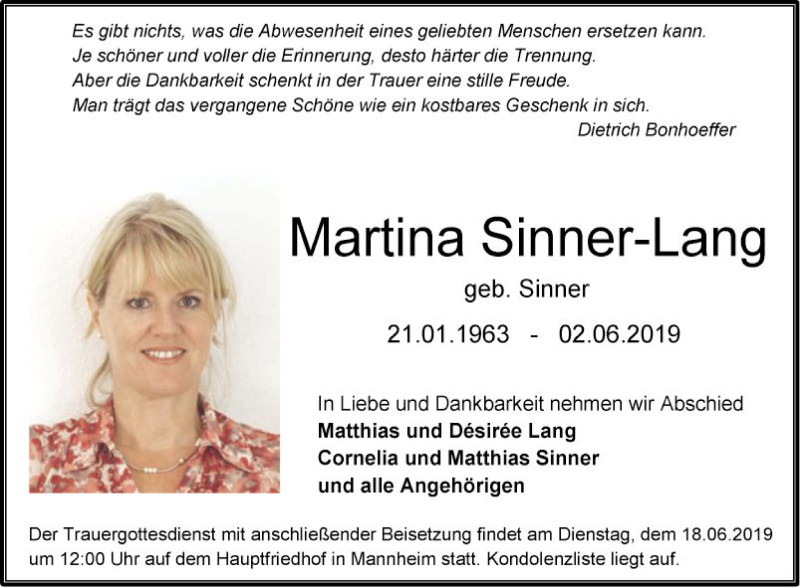  Traueranzeige für Martina Sinner-Lang vom 08.06.2019 aus Mannheimer Morgen