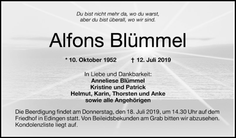  Traueranzeige für Alfons Blümmel vom 16.07.2019 aus Mannheimer Morgen