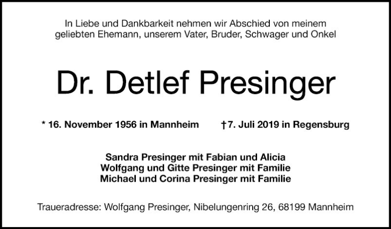  Traueranzeige für Detlef Presinger vom 13.07.2019 aus Mannheimer Morgen