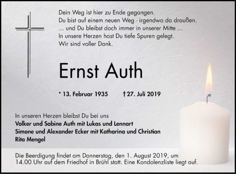  Traueranzeige für Ernst Auth vom 30.07.2019 aus Schwetzinger Zeitung