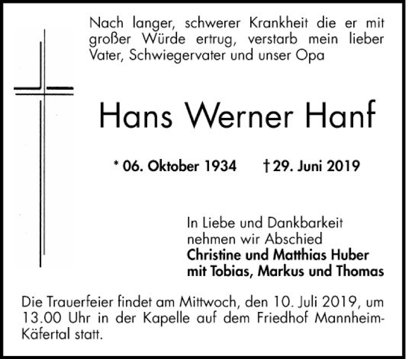  Traueranzeige für Hans Werner Hanf vom 06.07.2019 aus Mannheimer Morgen