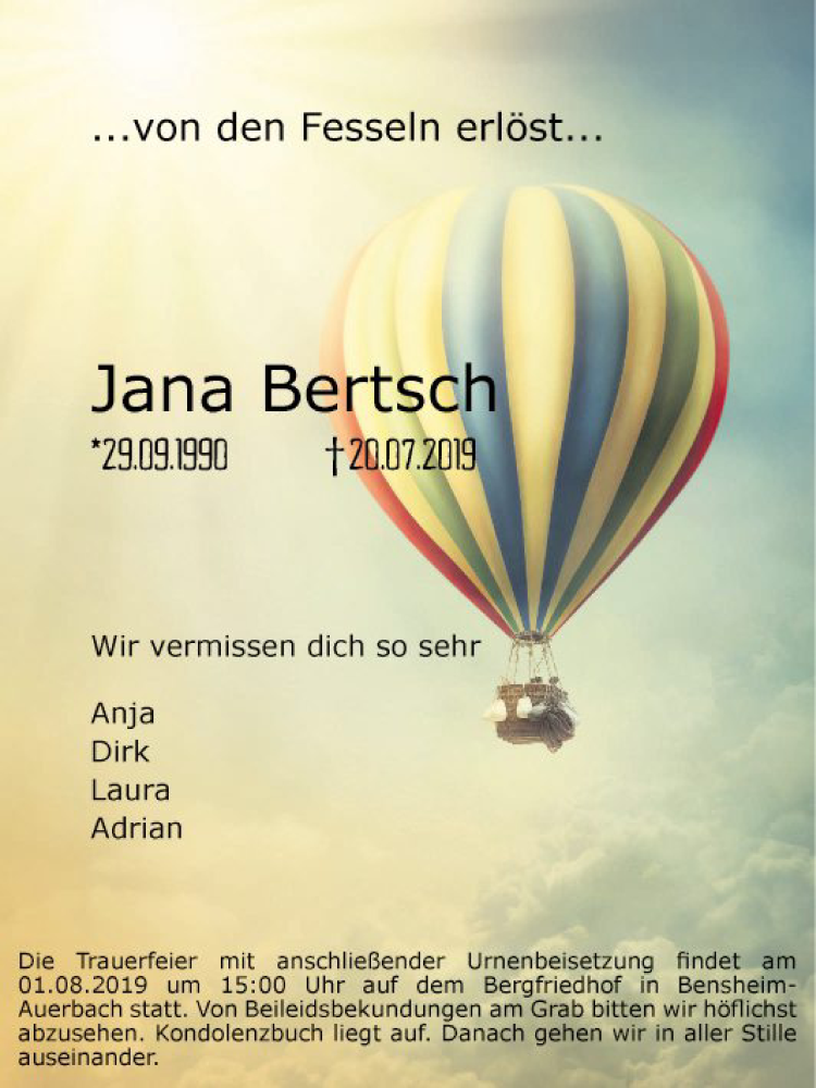  Traueranzeige für Jana Bertsch vom 29.07.2019 aus Bergsträßer Anzeiger