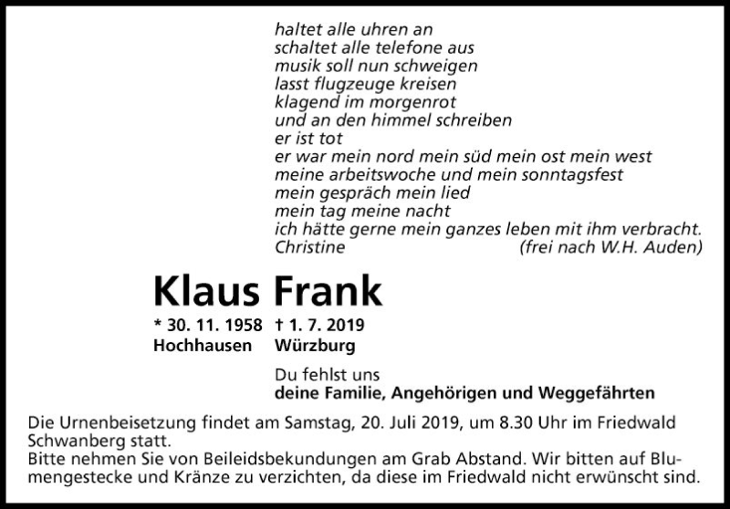  Traueranzeige für Klaus Frank vom 06.07.2019 aus Fränkische Nachrichten