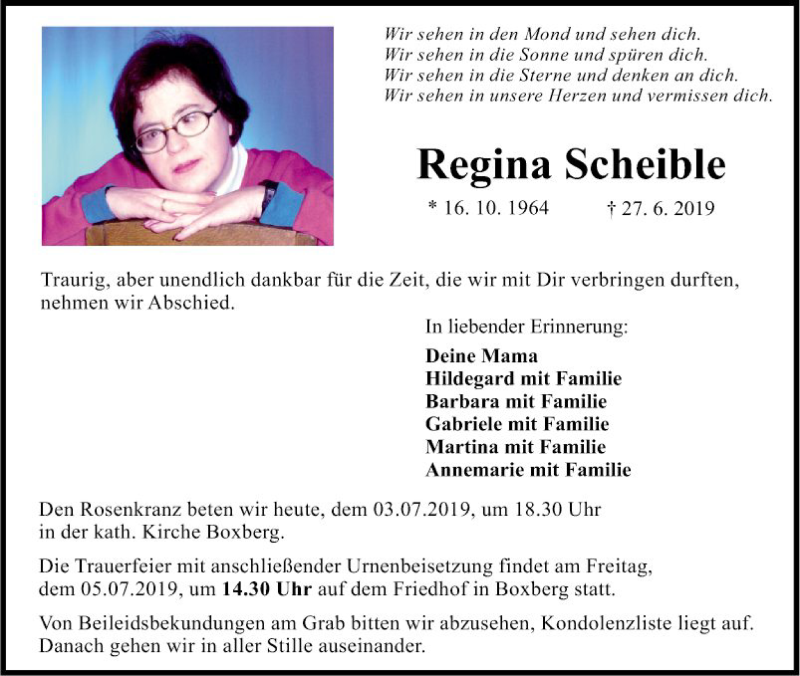  Traueranzeige für Regina Scheible vom 04.07.2019 aus Fränkische Nachrichten