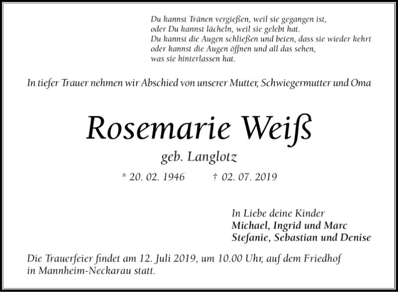  Traueranzeige für Rosemarie Weiß vom 06.07.2019 aus Mannheimer Morgen