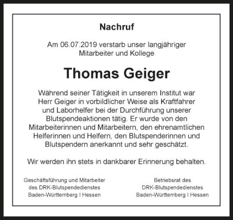  Traueranzeige für Thomas Geiger vom 13.07.2019 aus Mannheimer Morgen