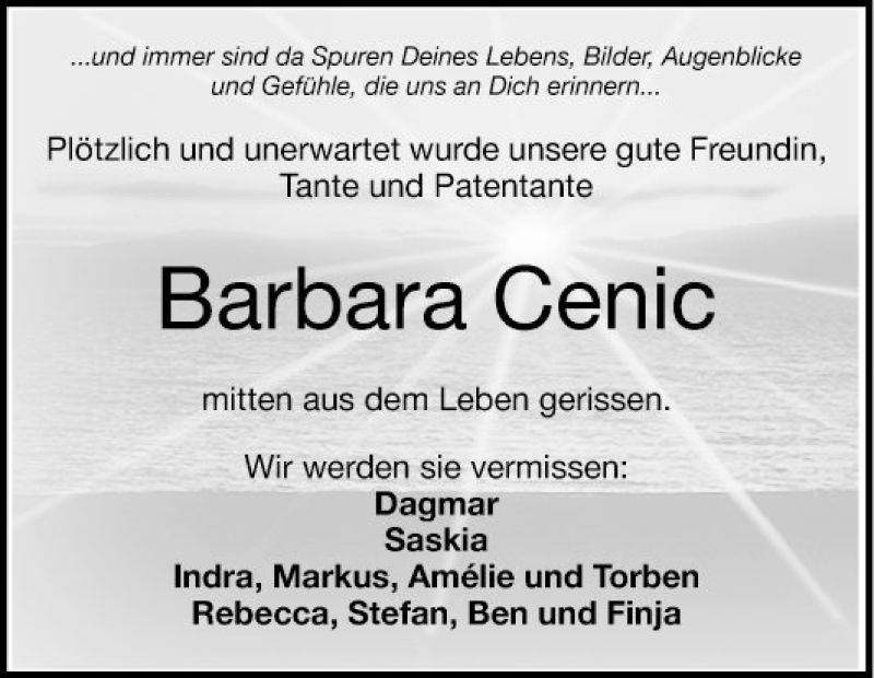  Traueranzeige für Barbara Cenic vom 17.08.2019 aus Mannheimer Morgen