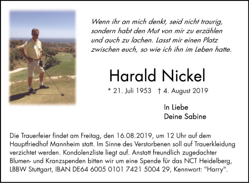  Traueranzeige für Harald Nickel vom 10.08.2019 aus Mannheimer Morgen