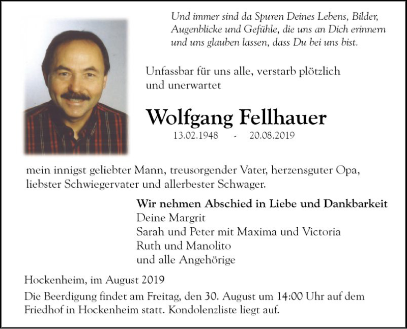  Traueranzeige für Wolfgang Fellhauer vom 24.08.2019 aus Schwetzinger Zeitung
