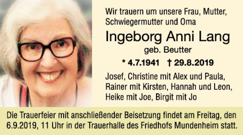  Traueranzeige für Ingeborg Anni Lang vom 03.09.2019 aus Mannheimer Morgen